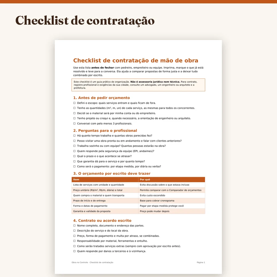 Capa do checklist de contratação de mão de obra da Obra no Controle