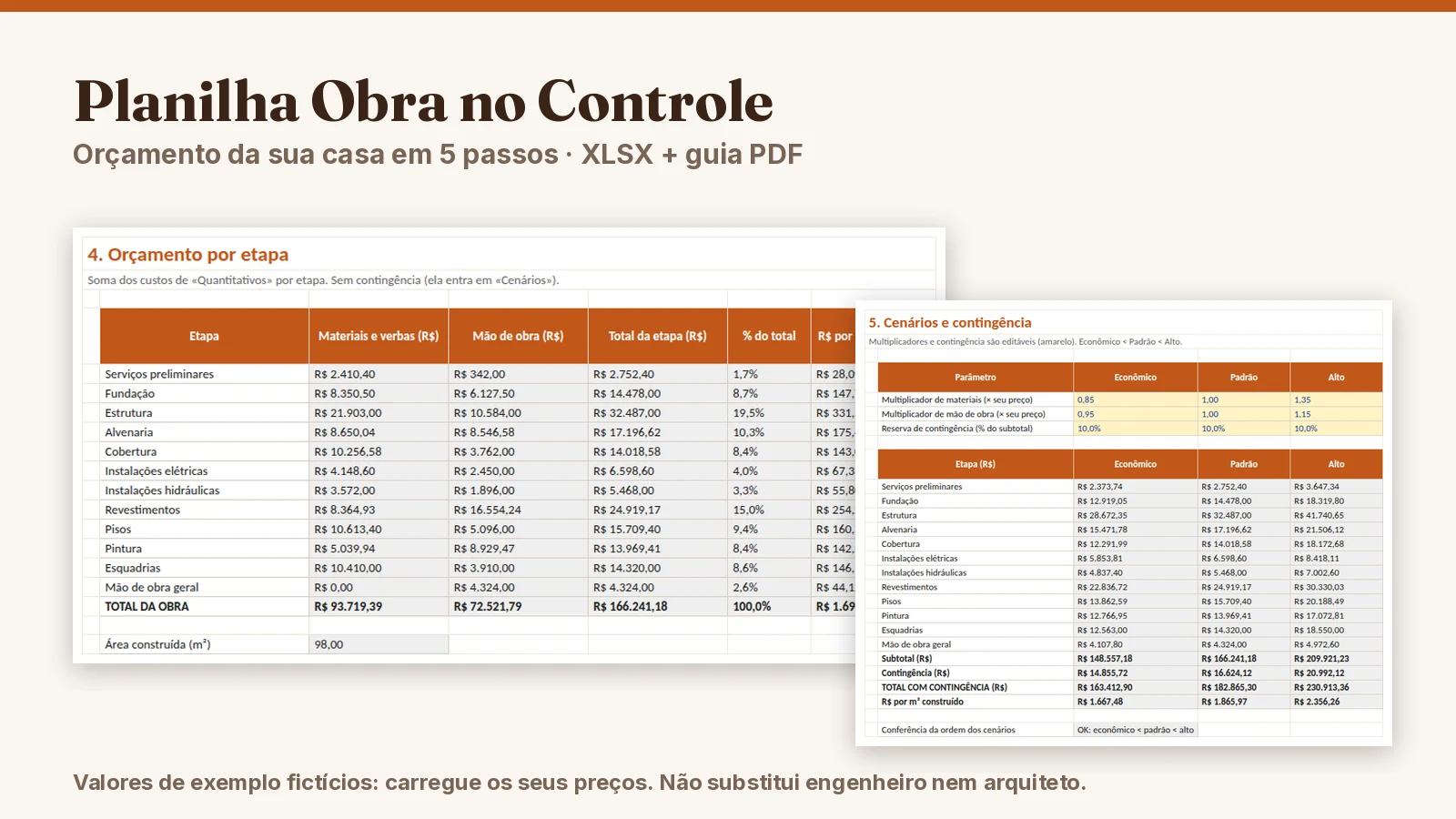 Planilha Obra no Controle aberta em notebook e celular com o orçamento por etapa