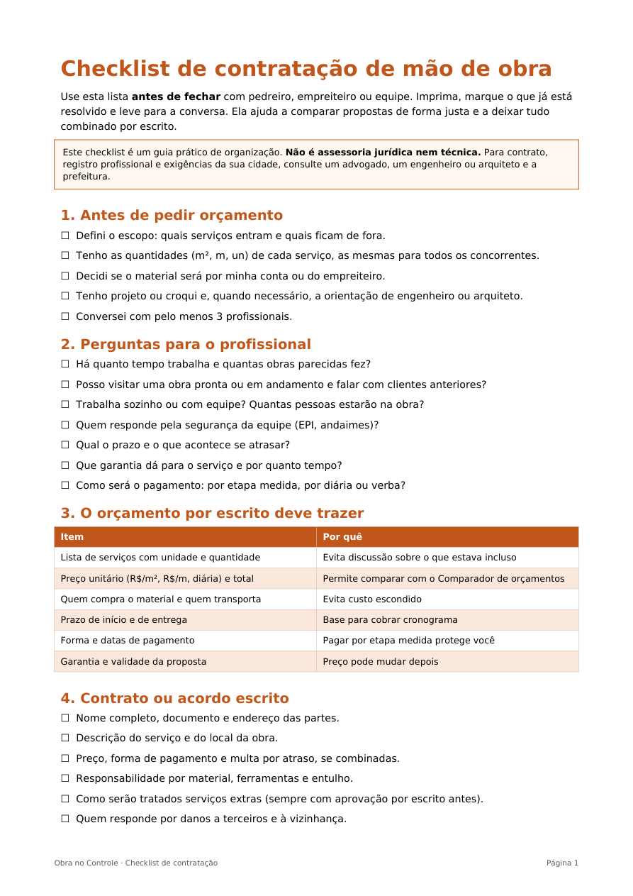 Primeira página do checklist de contratação de mão de obra
