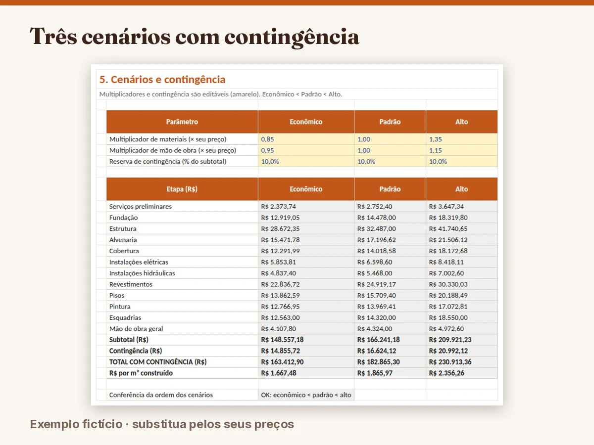 Aba de cenários econômico, padrão e alto com reserva de contingência